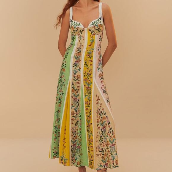 Farm Rio Delicate Floral Stripes Linen A Line Sun Midi Maxi Dress Green Yellow - Picture 1 of 16